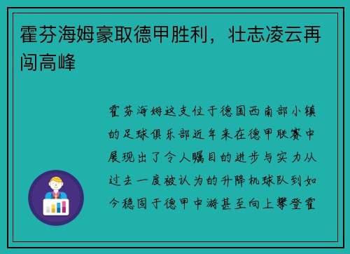 霍芬海姆豪取德甲胜利，壮志凌云再闯高峰