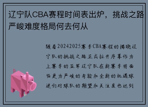 辽宁队CBA赛程时间表出炉，挑战之路严峻难度格局何去何从